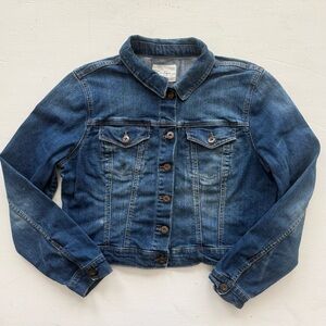 Distressed Cropped Denim Jean Jacket Medium Wash Women’s Size XL Stretch